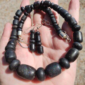 Jay King DTR mine finds Black Opal Necklace and earrings set 925 Sterling Silver